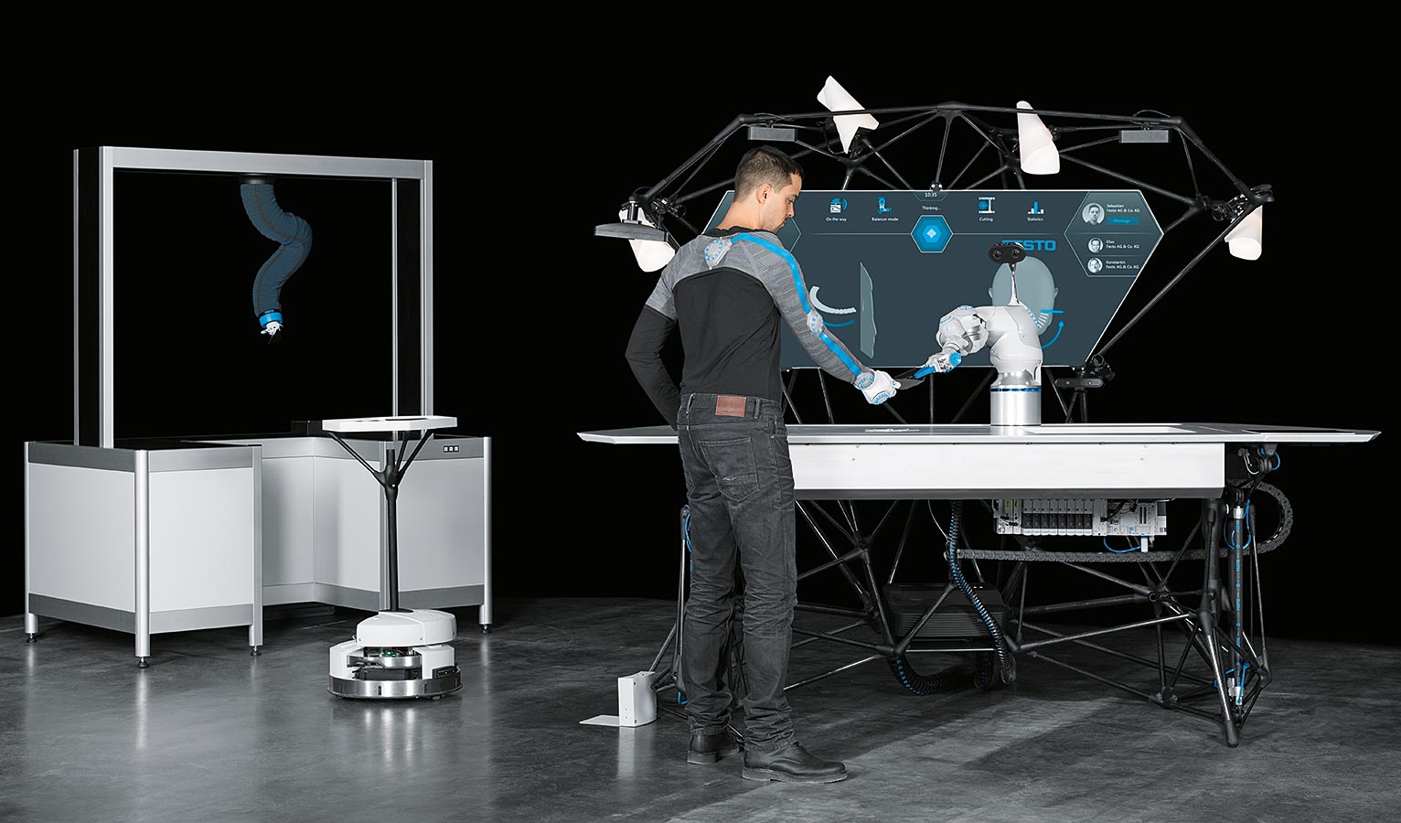 Ein mögliches Zukunftsszenario, das alle wesentlichen Elemente der Robotik vereint: der BionicWorkplace im Zusammenspiel mit dem BionicMotionRobot und einem Robotino®.