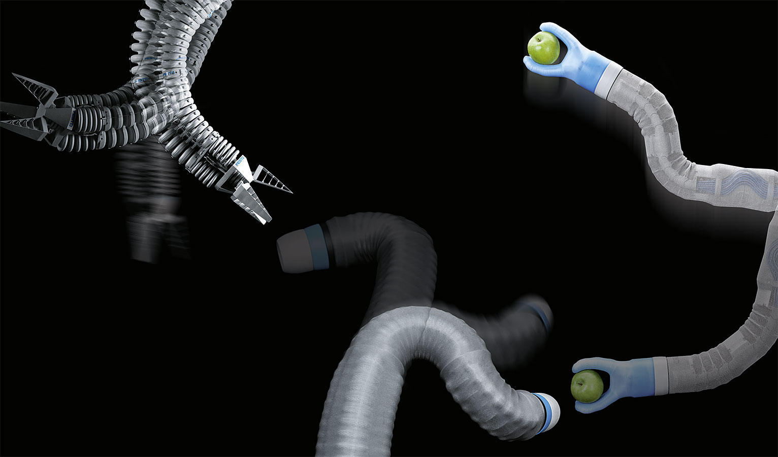 The BionicSoftArm (right) with its two predecessors – the Bionic Handling Assistant and the BionicMotionRobot