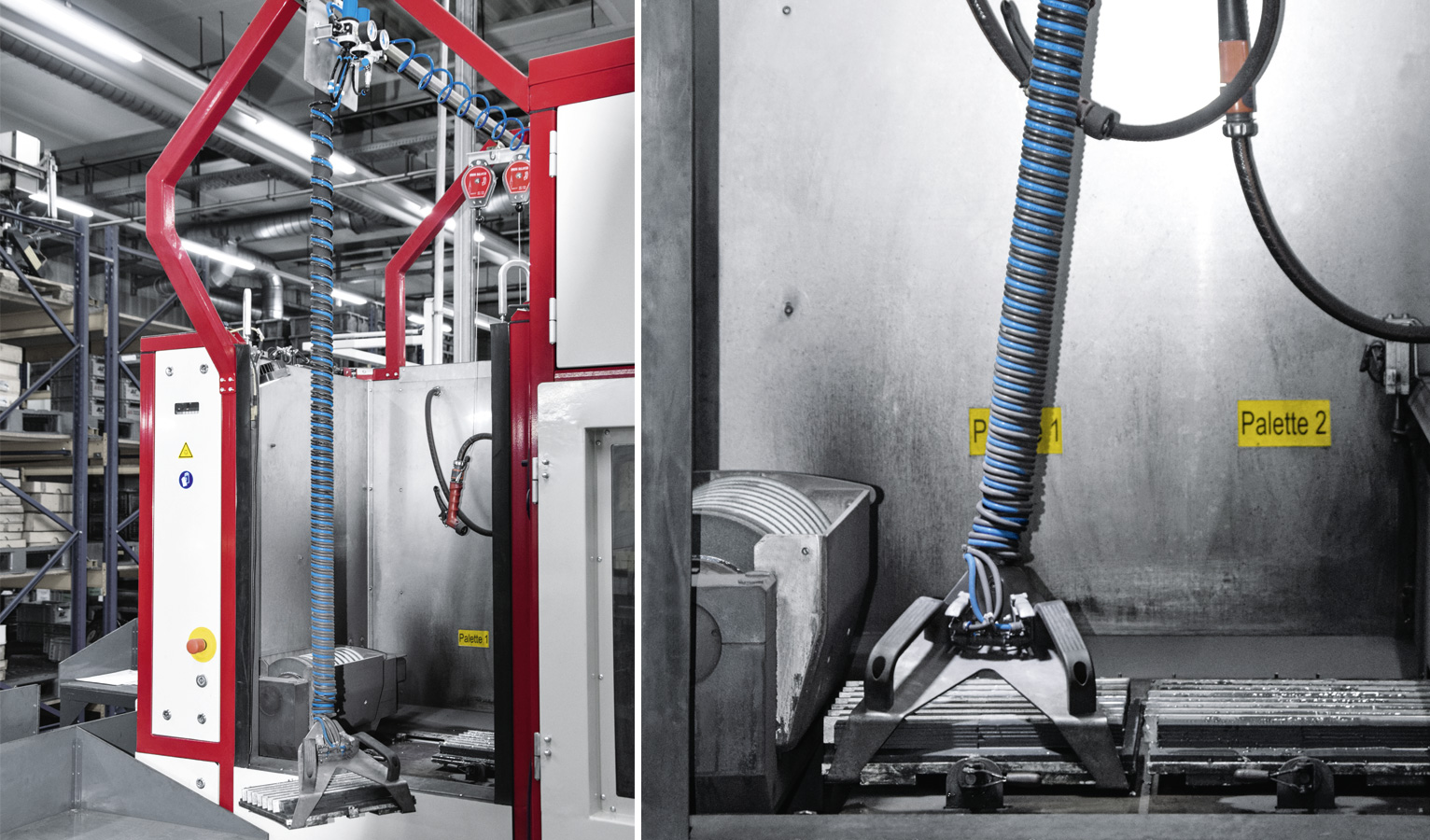 With the support of the fluidic muscle, employees can ergonomically load a grinding machine with components weighing seven kilograms.