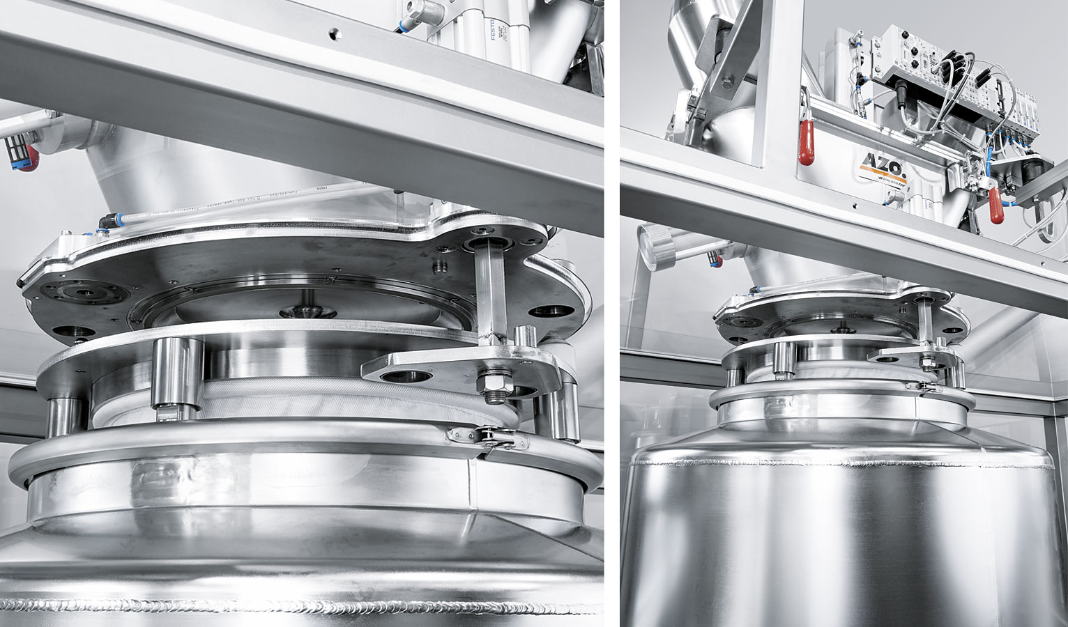Festo linear drives pull the flexible plastic tubing of the target container through which the bulk material flows close to the CleanDock. Only when there is no more gap do the plug closures of the container and dosing point open.