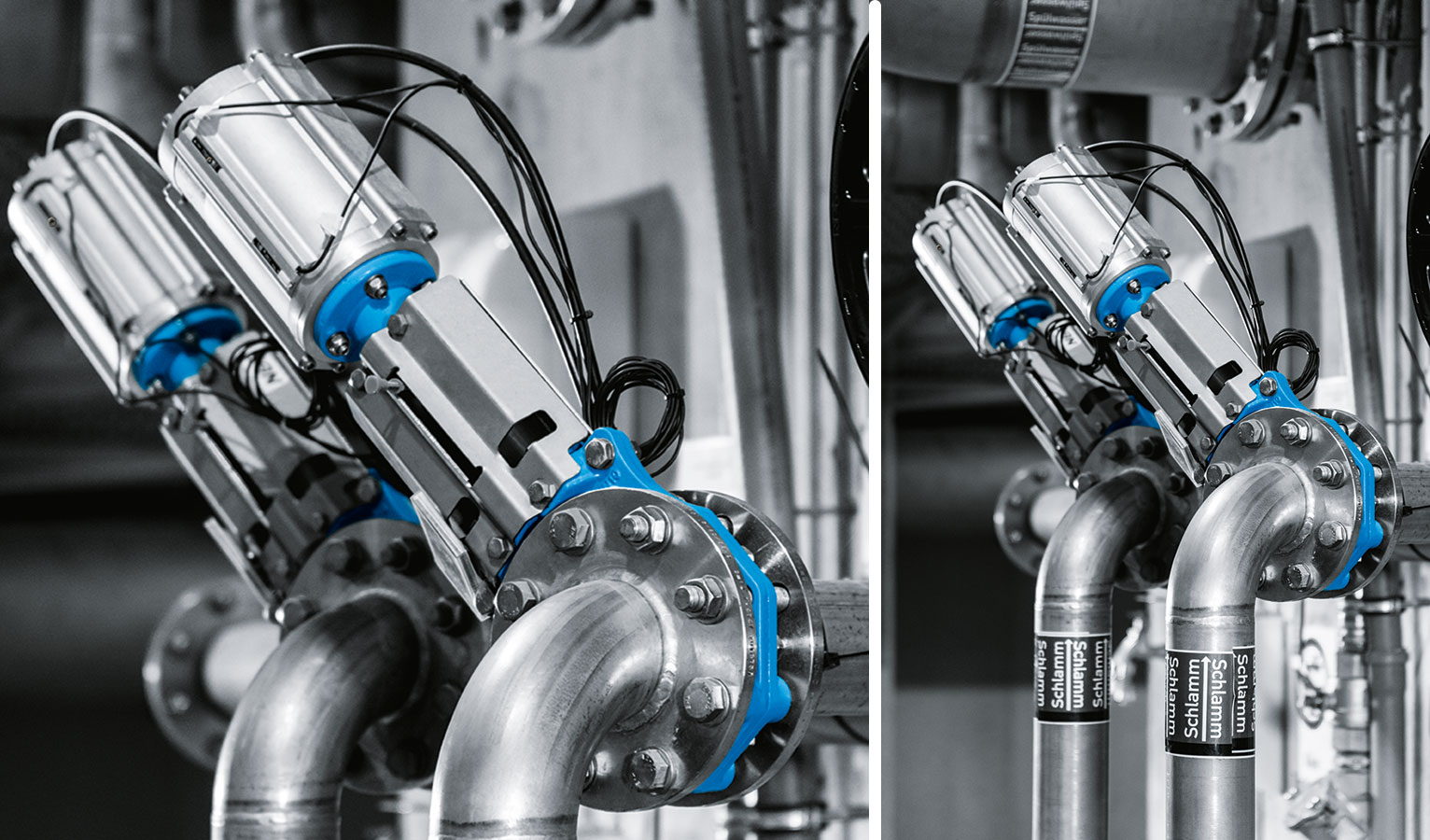 DLP pneumatic linear drives operate the slide gate and enable the reliable opening and closing of guillotine valves in order to remove the sludge.