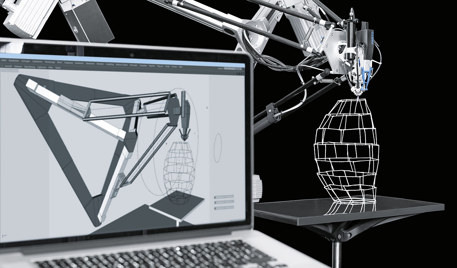 Digital fabrication: the software transfers the geometry of the structure directly to the tripod’s travel paths
