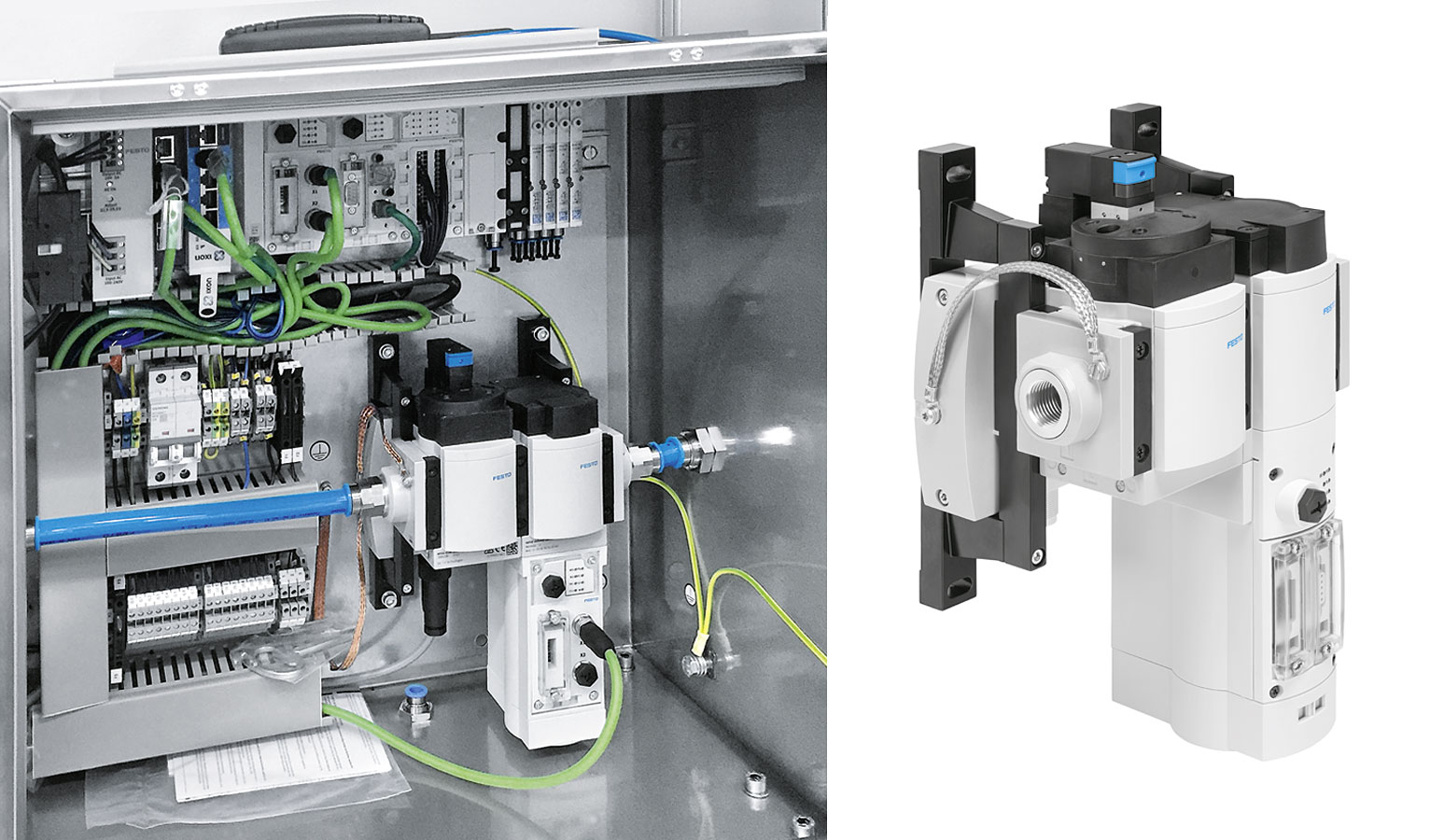 El módulo de eficiencia energética MSE6-E2M y la pasarela CPX-IOT se instalan en un armario de distribución móvil de acero inoxidable con ruedas, que se puede desplazar a las diferentes instalaciones.