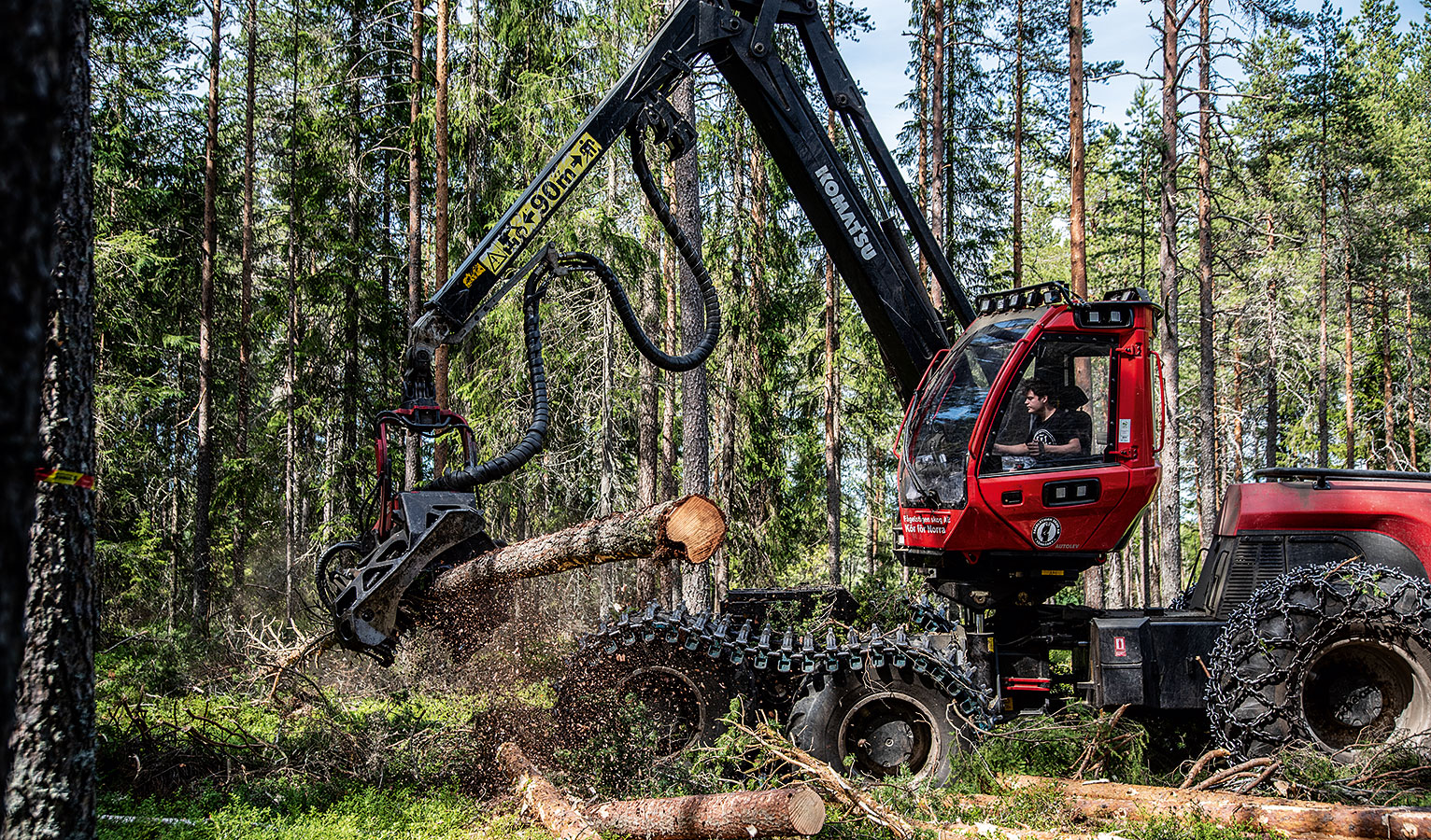 Une machine de récolte du bois en action