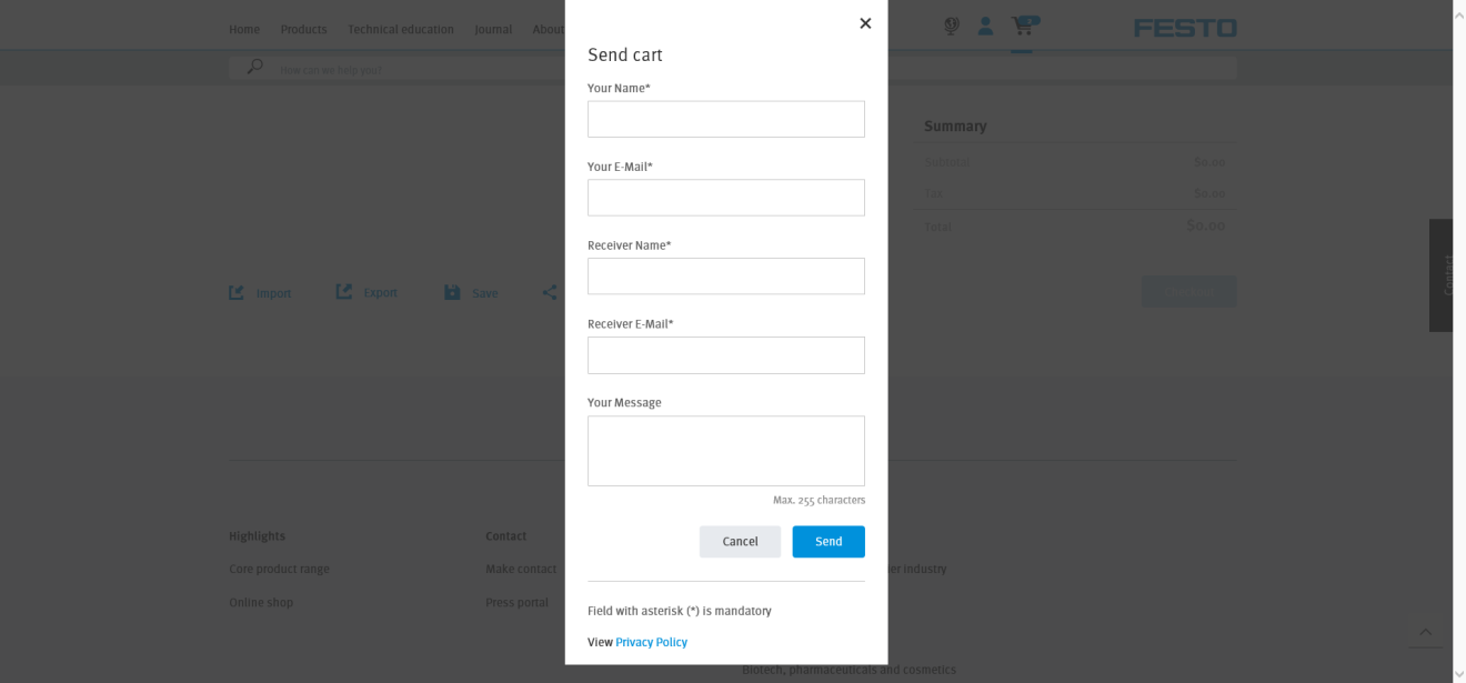 Geben Sie alle notwendigen Informationen ein und klicken Sie auf „Senden“, um den Warenkorb per E-Mail an ausgewählte Kollegen zu senden.