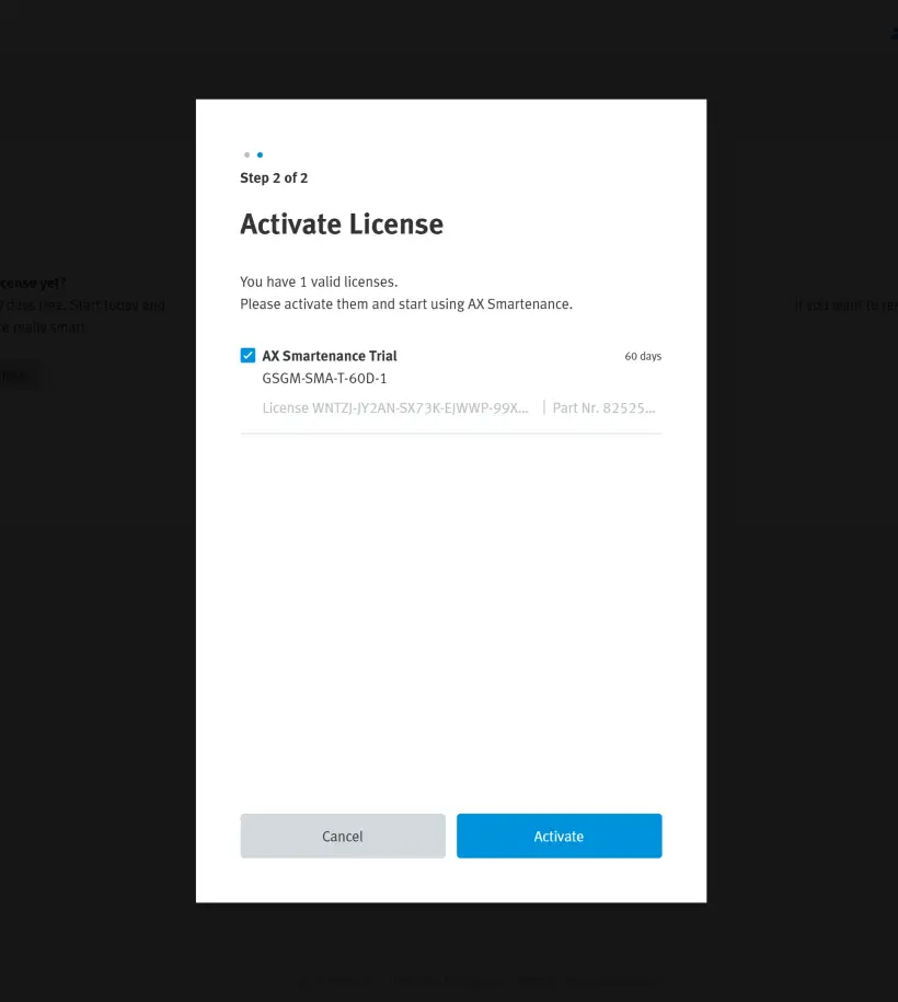 Smartenance license activation window displaying licenses for activation