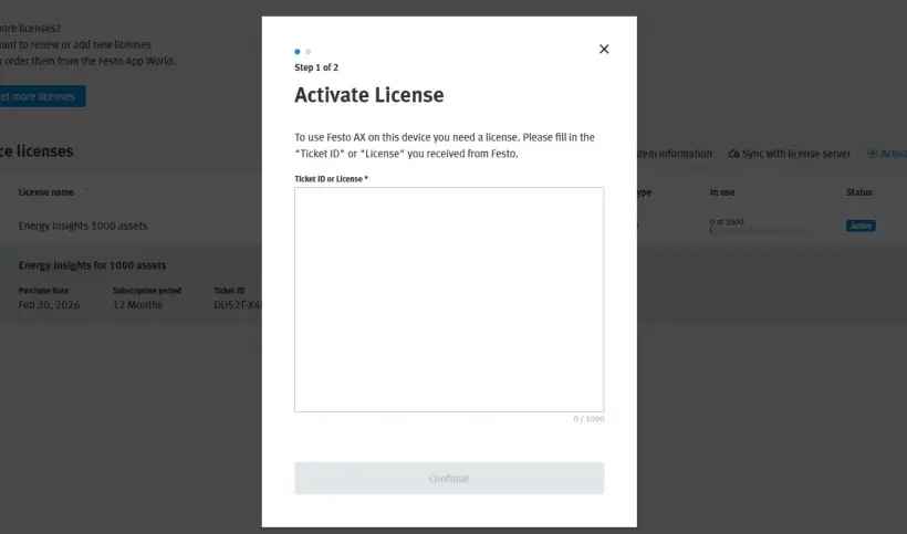 Festo Automation Experience screen showing the ‘Activate License’ pop-up