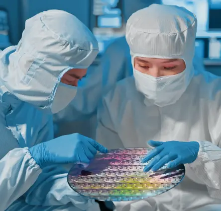 Técnicos con trajes para salas blancas examinan obleas de semiconductores en el laboratorio. Al fondo, los técnicos trabajan en las pantallas.