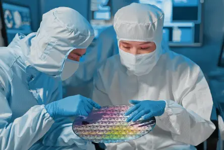 Two scientists in clean room suits examine a circular silicon wafer in semiconductor factory.