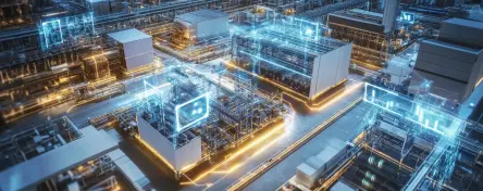 Moderní průmyslové zařízení v noci s digitálními liniemi v modré a žluto-zlaté barvě, které znázorňují technologické sítě a toky energie.