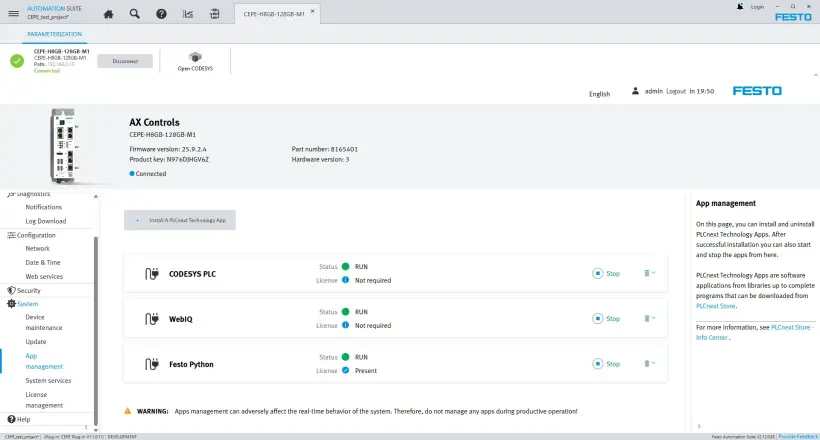 Programación y configuración de dispositivos Festo AX Controls en Festo Automation Suite