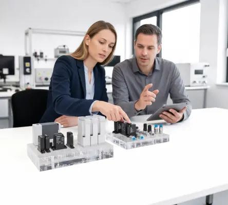 Engineers reviewing bonded manifold assemblies with integrated valves and fluid control components in a laboratory.