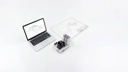 Bonded manifold assembly with integrated valves shown beside CAD design data and a technical drawing.