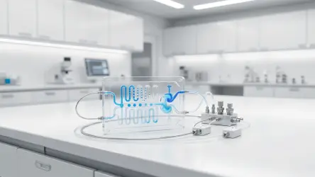 Transparent manifold with blue fluid channels and connected fluid control components in a laboratory setting.