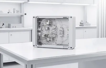 Open fluidic device with complex tubing, fittings and valve components inside a laboratory housing.