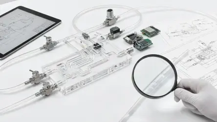 Diffusion bonded manifold with connected tubing, fittings and electronics being inspected against fluidic design drawings.