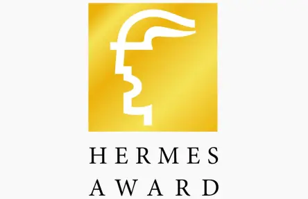 HERMES AWARD logo with gold icon and black lettering.