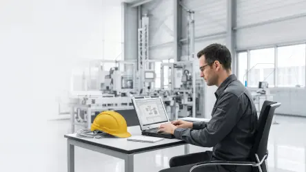 Engineer uses digital tools to design a safe motion-control system in an automation lab
