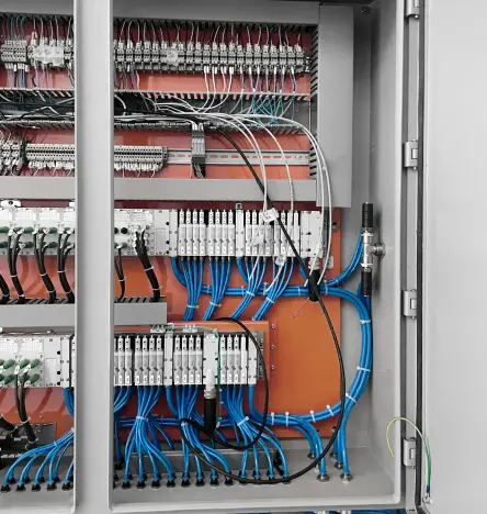 Zbliżenie na szafę sterowniczą w wykonaniu Ex z zintegrowanymi komponentami automatyki, przeznaczoną do zastosowań PSA w oczyszczaniu wodoru.