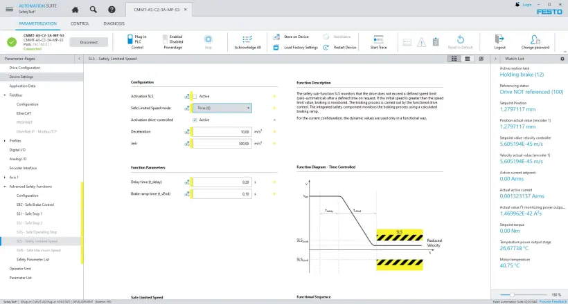 Parametrización gráfica de funciones de seguridad en el complemento del controlador del servoaccionamiento