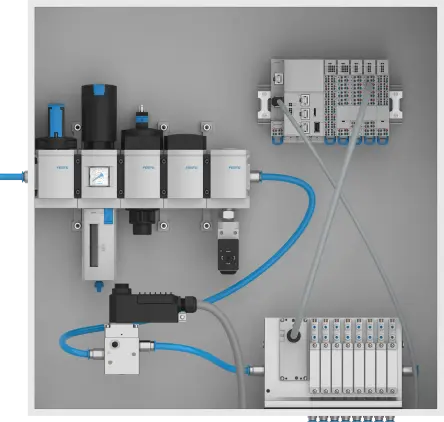Pneumatics and control unit with valves, pressure control and electrical interconnection.