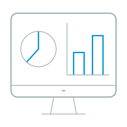 Stylised computer screen icon with pie chart and bar chart displaying data analysis and monitoring.