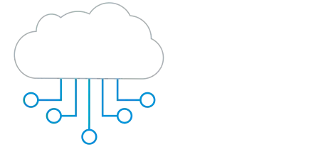Símbolo estilizado de una nube con líneas y puntos azules por debajo, que representa una red digital o una conexión de datos.