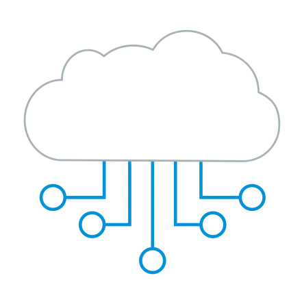 Stylised cloud symbol with blue lines and dots running underneath, representing a digital network or data connection.
