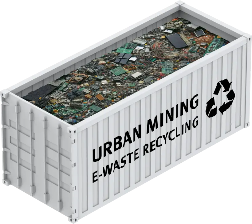 Conteneur rempli de composants électroniques et de cartes de circuits imprimés mis au rebut, étiqueté « Urban Mining - E-waste recycling » avec un symbole de recyclage.