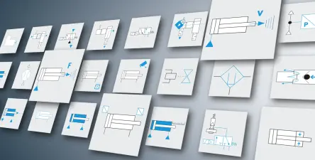 Recueil de symboles schématiques représentant des actionneurs et des systèmes de commande de mouvement, disposés en grille, illustrant l'éventail des fonctions d'entraînement électrique et des possibilités d'application dans un schéma technique simple.