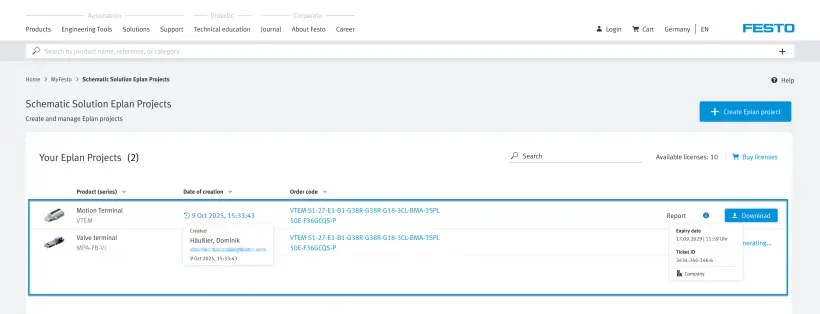 Schematic Solution EPLAN Projects page showing the project list and download button