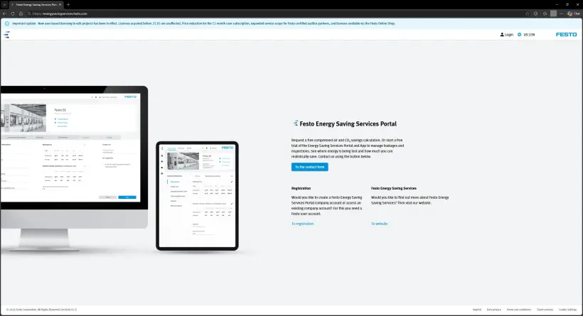Festo 에너지 절감 서비스 포털 로그인 페이지에는 등록, Festo에 문의, 웹사이트 접속, 로그인 버튼을 사용한 로그인 옵션이 표시됩니다.
