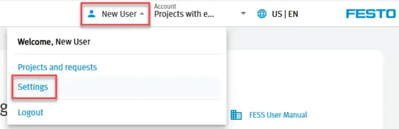 Festo 에너지 절감 서비스 포털 사용자 메뉴의 스크린샷으로, 새 사용자 메뉴와 설정 옵션이 강조 표시되어 있습니다.