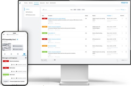 Snímek obrazovky Festo AX Smartenance s managementem incidentů na smartphonu a monitoru