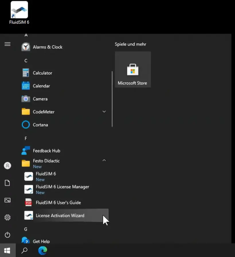 Windows search window showing results for the FluidSim Activation Wizard
