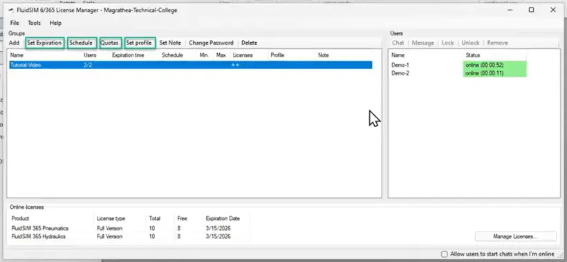 FluidSIM License Manager highlighting the ‘Set expiration’, ‘Schedule’, ‘Quotas’, and ‘Set profile’ tabs