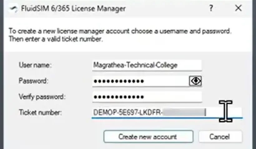 FluidSIM License Manager login pop-up with the ‘Ticket number’ field