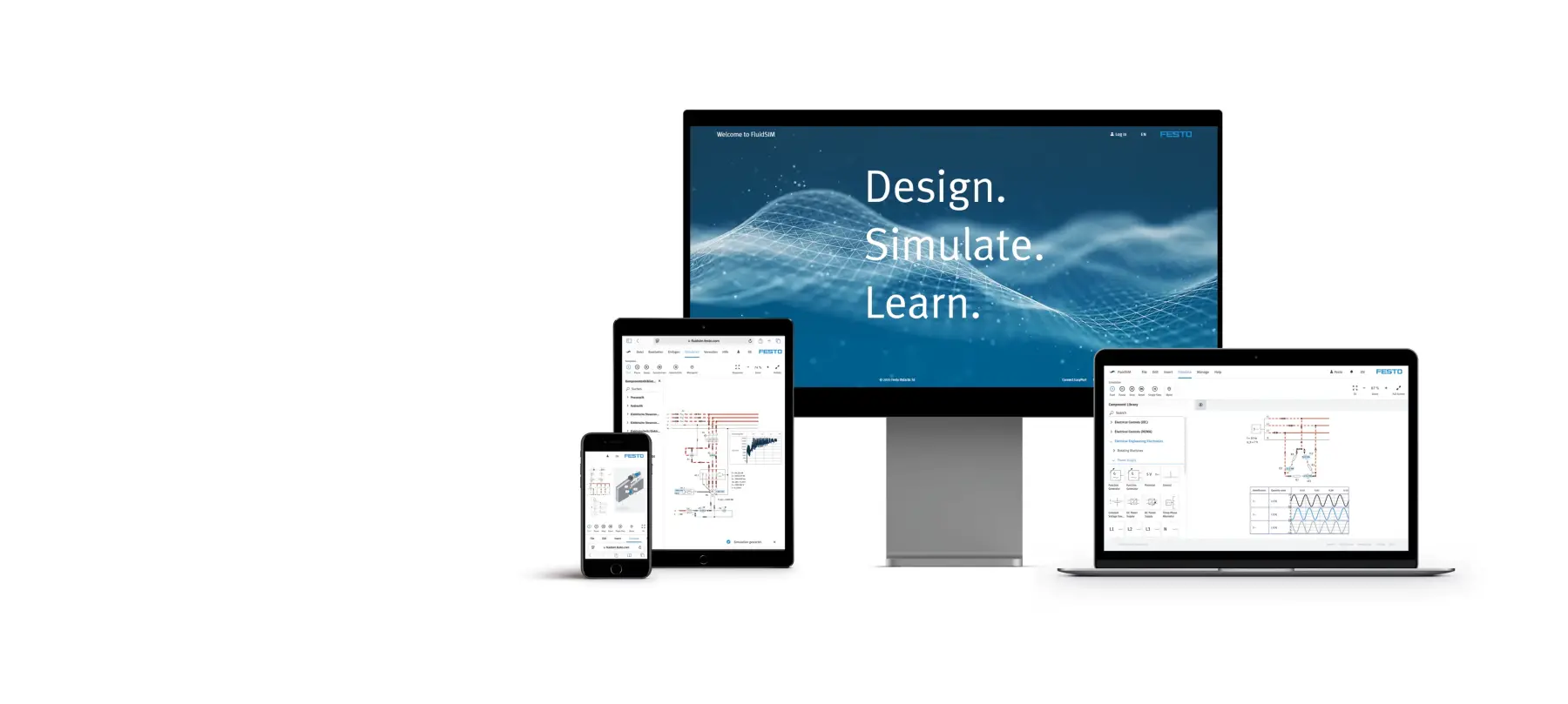 Screenshots of the FluidSIM software on various mobile devices, such as a smartphone, a laptop, an iPad and a PC screen.