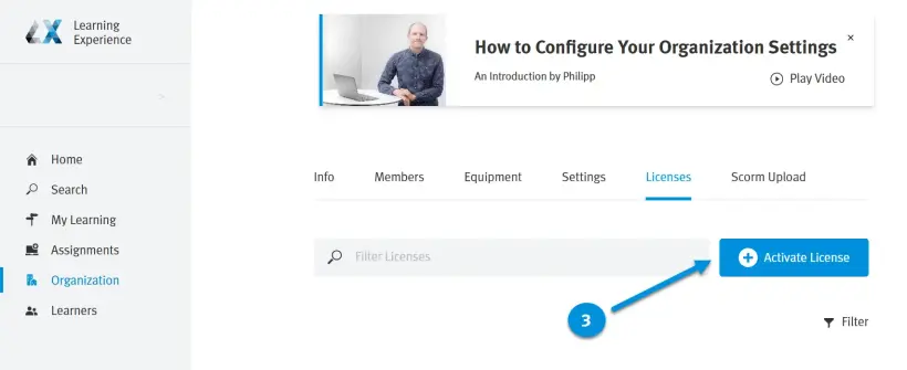 LX portal screen highlighting the ‘Activate License’ button