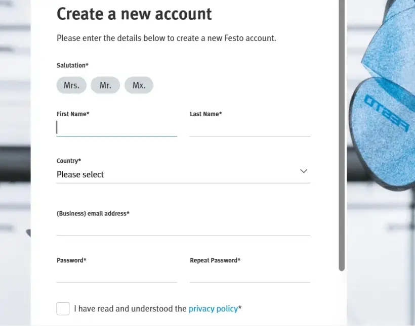 Create a New Account screen showing the required fields