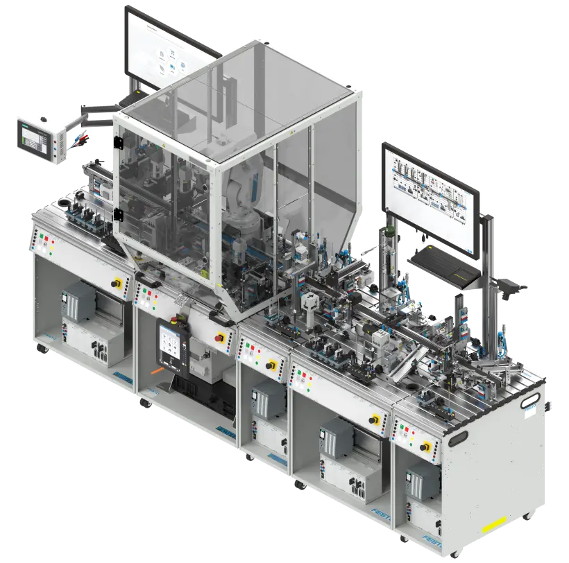 Modular MPS 405-1 training workstation with linked T‑slot tables, enclosed robotic cell with multi‑axis robot and conveyor tooling, pneumatic and electromechanical modules, sensors and grippers, dual monitors and touchscreen, front controls with emergency stops, and lower cabinets with controllers.