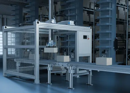 Enclosed intralogistics automation cell with conveyor and cartons, showing a robotic handling station in a warehouse environment. 