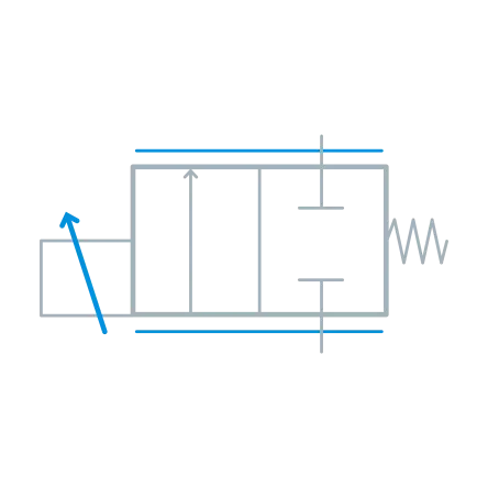 Technical circuit symbol of a pneumatic valve with switching arrows to display control functions.