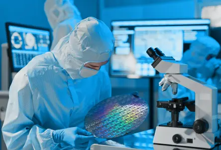 Technician examining a wafer. Laboratory situation and microscope in the background.