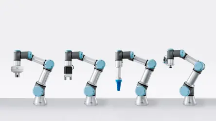Collaborative robot arms with different Festo end-of-arm tooling options for mechanical and vacuum gripping applications.