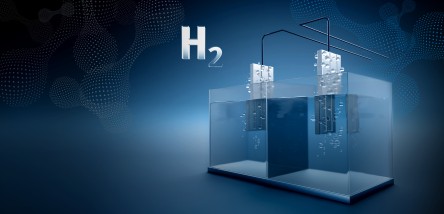 Electrolysis cell for producing hydrogen (H₂) by applying an electrical voltage to two electrodes.