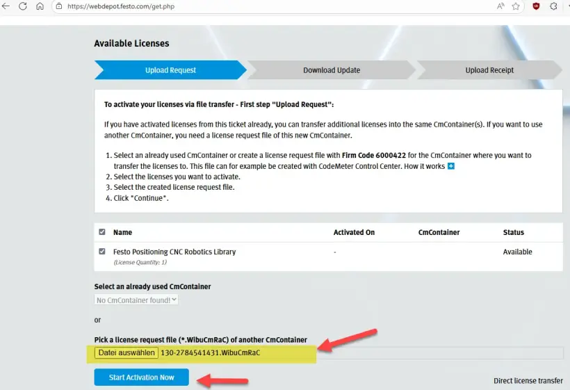 WebDepot screen with the ‘Upload Request’ tab selected, highlighting the ‘Pick a license request file’ action and the ‘Start activation now’ button