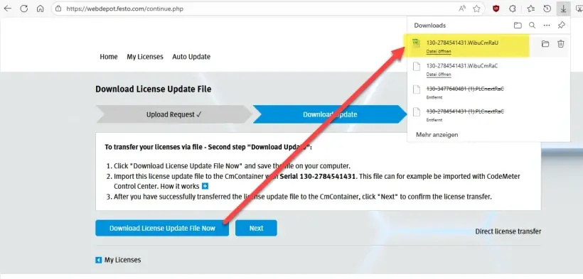 Festo WebDepot ‘Download update’ tab screen highlighting the ‘Download license update file now’ button