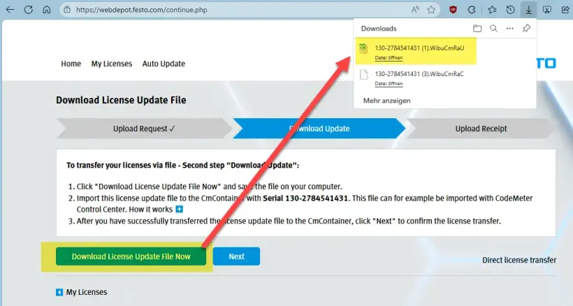 Festo WebDepot ‘Download update’ tab screen highlighting the ‘Download license update file now’ button