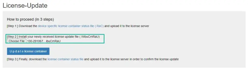 PLC web interface screen highlighting the ‘Choose file’ button under the ‘Step 2’